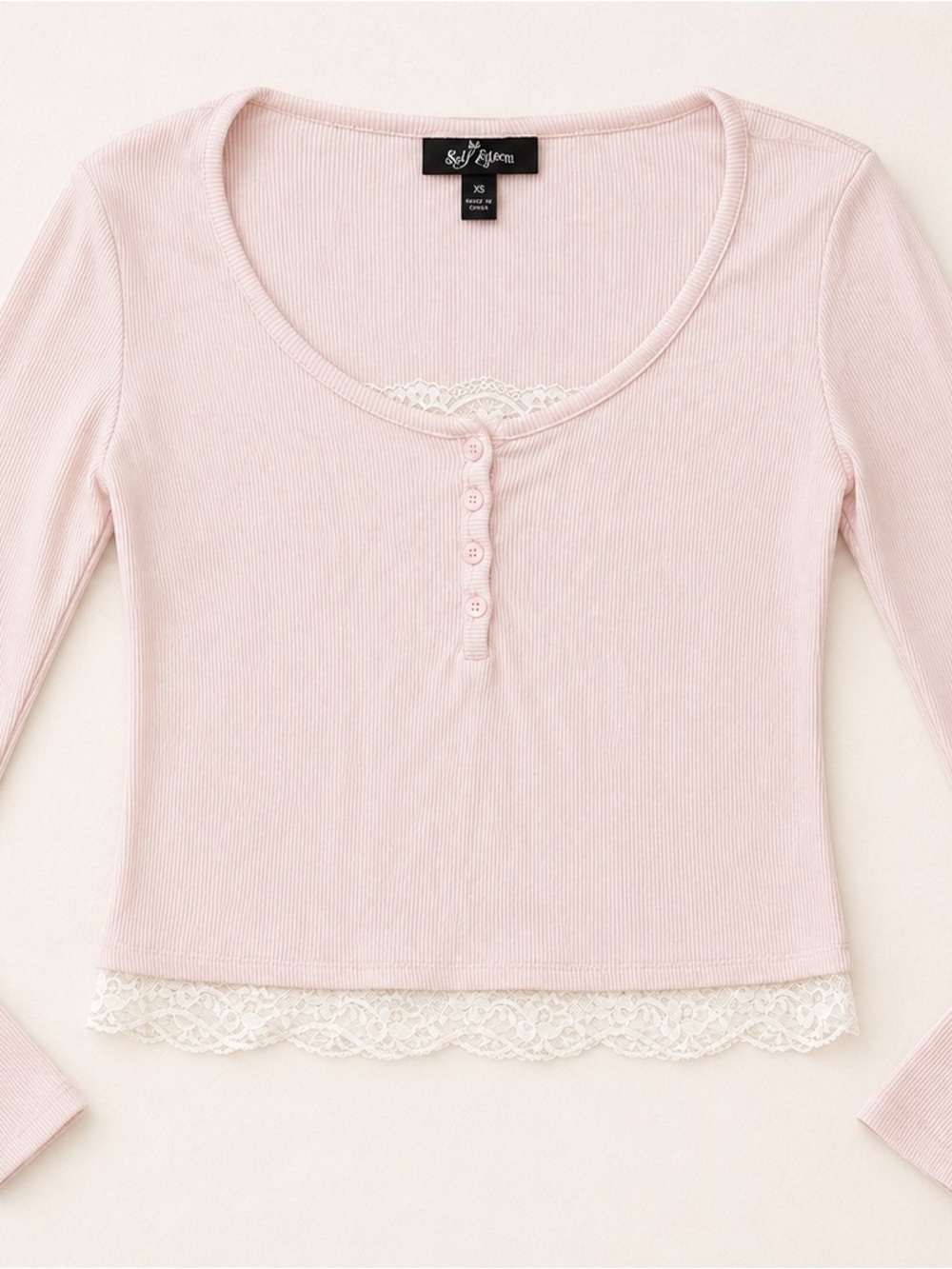 Self Esteem Brand Light Pink Ribbed Lace-Trim Henley Top / Teen Tween / Feminine